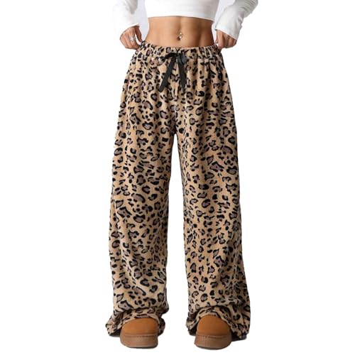 Women Leopard Print Fuzzy Pajama Pants Casual Cozy Drawstring Wide Leg Pants