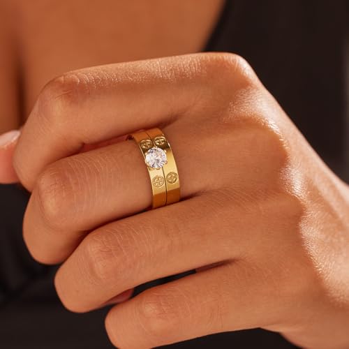 Love Ring for Women 18K Gold Plated Stainless Steel Stacking 1ct Diamond Cubic Zirconia Promise Wedding Engagement Rings Set2