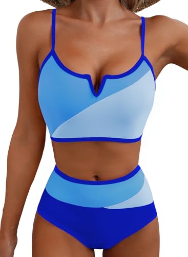 Herseas Women's High Waisted Bikini Sets V Wire Colorblock 2 Piece Swim Suits 2026 Summer Trim Spaghetti Straps Supportive Soft Bathing Suit Fashionable Swim Outfits Blue Medium