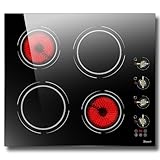 Disaenvir 24 Inch Electric Cooktop - 4 Burner Drop-in Glass Ceramic Stove Top 6000W, 220V Radiant Electric Stove, 9 Power Level, Pause Key, Safety Lock, Touch & Knob Control, 240V Hard Wired (No Plug)