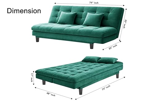 Image of 3-Seater Velvet Sofa Cum Bed, Tufted Convertible Sleeper Couch, Space-Saving Design, Comfortable Cushioned Seating - Green