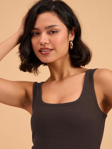 Image of barcino Brown Ribbed Square Neck Tank Top