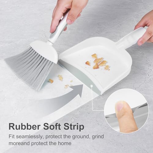 Image of NACENA Small Dust Pan and Brush Set, Mini Broom and Dustpan Set Small Hand Broom and Brush Combo Dust Pan with Teeth for Home Cleaning Drawers Desktop Sofas and Outdoor, White & Gray