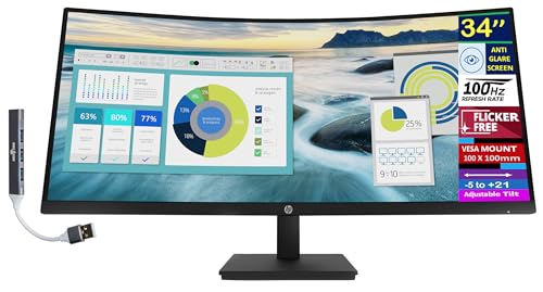 Image of HP 34 inch WQHD Curved Monitor with 5ms Response Time, Anti-Glare, Flicker Free, 250 nits Brightness, VESA Mount (100 x 100 mm), Displayport, HDMI & Dockztorm USB Port Expander, Black Color