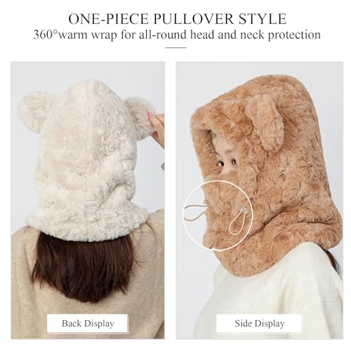 Women Girls Winter Scarf Hat Gloves 3 In 1 hooded Scarf With Mittens Cat Bear Ears Polar Fleece Hoodie Pocket4