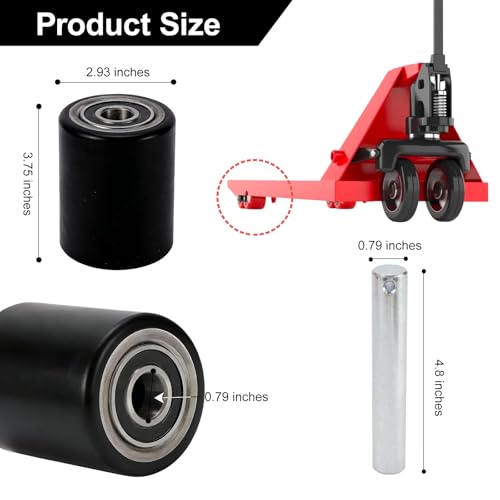 Image of Two Packs of Pallet Jack /Truck Wheels 3 inch x 3.75 inch PU Poly Tread, 20mm ID Bearings, Full Set with Axles, Pins and Entry Exit Roller
