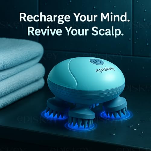 Image of Episkey Reviver Electric Scalp & Head Massager | 4 Rotating Kneading Heads with 96 Soft Silicone Nodes (Detachable & Washable) | Cordless Rechargeable Handheld for Relaxation & Stress Relief