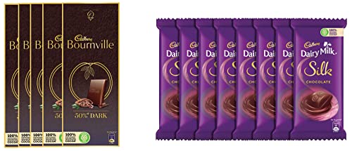 Image of Cadbury Bournville Rich Cocoa Dark Chocolate Bar, 80 gm (Pack of 5) & Dairy Milk Silk Chocolate Bar, 60g (Pack of 8)