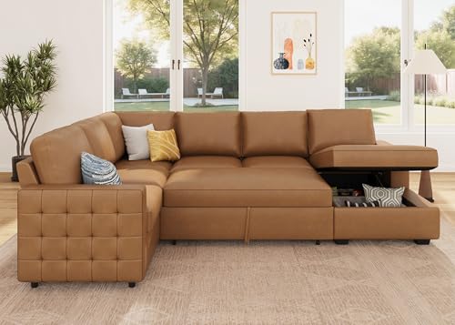 Image of HONBAY Sleeper Sectional Couch with Pull-Out Bed Sectional Sleeper Sofa Pull Out Bed with Storage Chaise, 6 Seaters Couch for Living Room, Faux Leather Brown