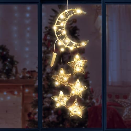 Mond Sterne Lichterkette,Weihnachtsdeko Lichterkette Rattan Mond...