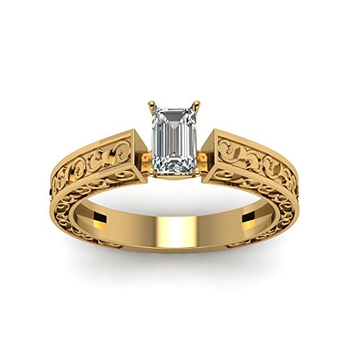 Image of Choose Your Gemstone Filigree Solitaire Engagement Ring Yellow Gold Plated Emerald Shape Solitaire Engagement Rings Lightweight Office Wear Everyday Gift Jewelry US Size 4 to 12