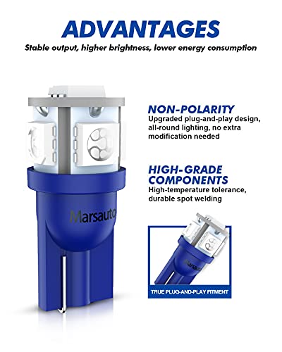 Marsauto 194 Led Bulb Blue 168 T10 2825 5Smd No Polarity Replacement Bulbs For Car Dome Map Door Courtesy License Plate Dashboard Lights Lamp 12V #TOP4