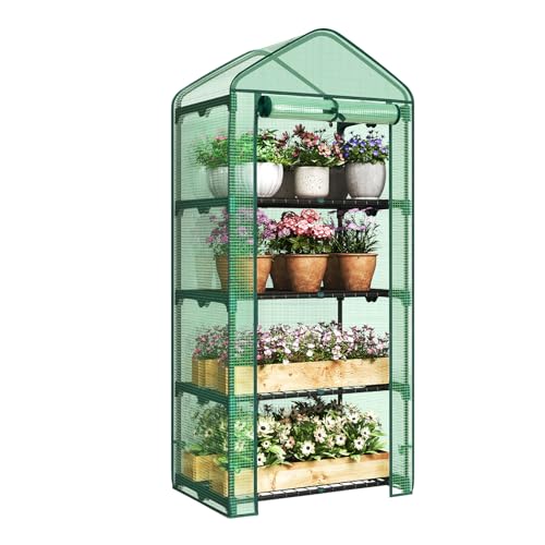 WOLTU Foliengewächshaus Tomatengewächshaus Treibhaus Anzuchthaus Gartenhaus Frühbeet Tomatenhaus Gemüse Gewächshaus Stiefelschrank 4 Etagen Grün 69x49x158cm