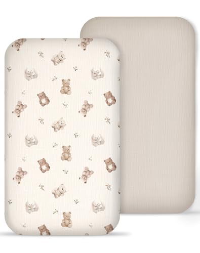 Image of Muslin Bedside Bassinet Sheets 2 Pack, 33x20 Fitted Ultra Soft & Breathable Bedside Sleeper Sheets, Ideal for Baby Girl and Boy, Perfect for Newborns (Teddy & Friends)