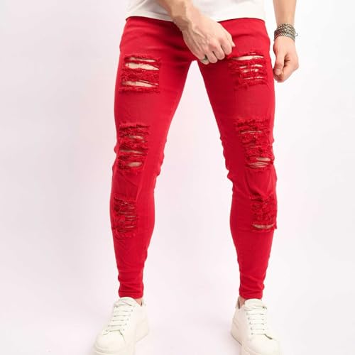 Jeans Pants Trousers Denim Stretch Slim Fit Perforated Trendy Street Worn Hole Red Retro White Tapered Casual Tight for Men3
