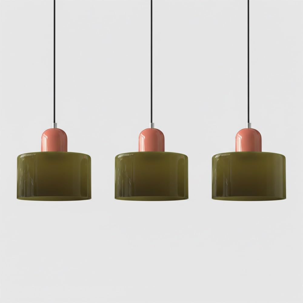 Pendant Lights Fixture Nordic Glass Pendant Lamp Cylindrical Hanging Lighting Adjustable Modern Lamp for Kitchen Island Bedroom Bedside(Green(Pink) 3 Pack)