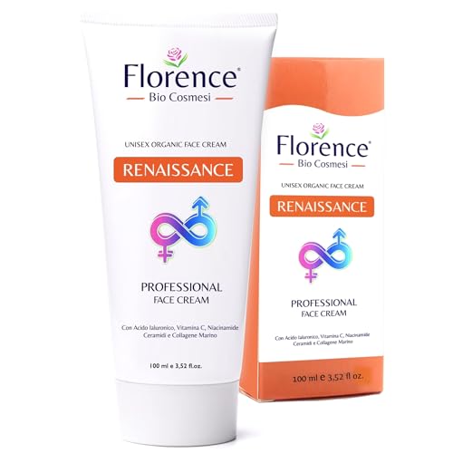 Florence 100 ml. Bio Crema Viso Acido Ialuronico Antirughe, Antietà e Antimacchia per Donna e Uomo. Crema Idratante viso Vitamina C e Retinolo anche per Contorno Occhi. Made in Italy