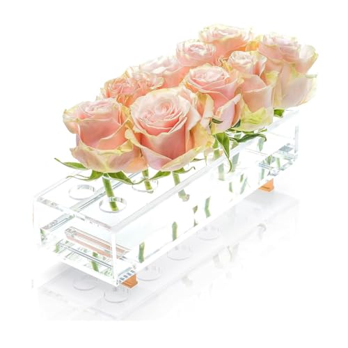 YoBa Acrylic Flower Vase Rectangular with Gold Plated Aluminum Legs Clear Acrylic Flower Vase for Home Wedding Dining Table Dcor Gift for Your Loved Ones (Flowers not Included) (12 Holes)