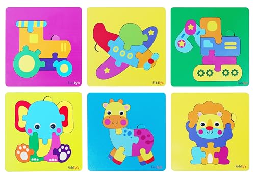 Image of Fiddlys 3D Cute Cartoon Wooden Jigsaw Puzzles for Kids & Children Double Layered Wooden Puzzles with Bright Front & Back Print (Pack of 6 Baby Animal + Vehicle)