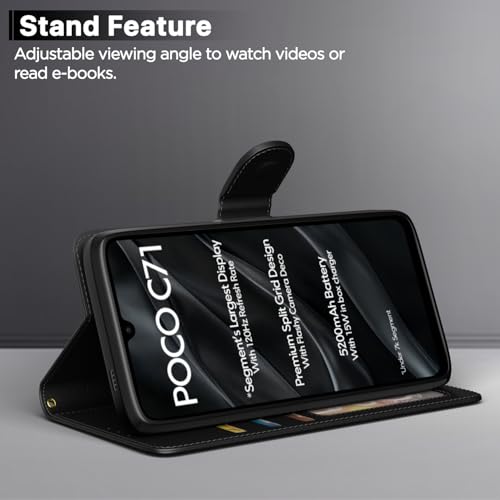Image of Amazon Basics Flip Cover for Poco C71 / Redmi A5 Leather Finish | Wallet Stand and Shock Proof | Inside TPU with Card Pockets | Complete Protection Flip Case(Black)