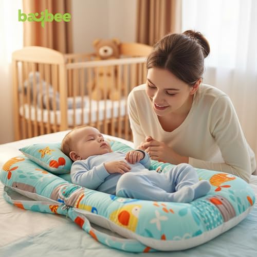 Image of BAYBEE 3 in 1 Baby Bedding Set with New Born Mosquito Net, Bed Mattress & Neck Pillow, Foldable Portable Nest Travel Bed, Baby Gift for Boy Girl (Lite Green)