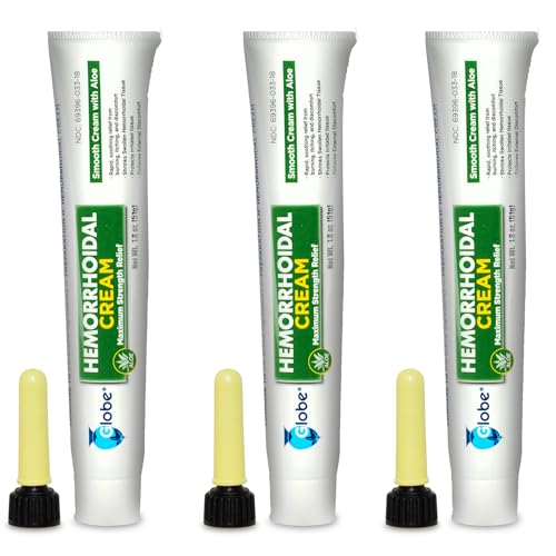 Globe (3 Pack) Hemorrhoid Cream, Relief with Aloe, (1.8 Ounce Tube) Relief from Hemorrhoids, Piles, Itching, Burning, Discomfort, & More