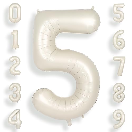 SUWEN 40 Inch Cream White Large 5 Number Balloons Big Foil Helium Number Balloons 0-9 Jumbo Happy 5th Mylar Birthday Party Decorations for Boy or Girl Anniversary Party Supplies