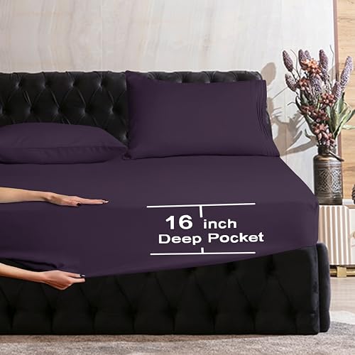 Image of Mocassi King Sheet Set - Luxury Hotel 1800 Premier Bedding Sheets & Pillowcases - Ultra Soft Breathable & Cooling Bed Sheets - Deep Pocket - Wrinkle Resistant - 6 Piece Set - King, Purple