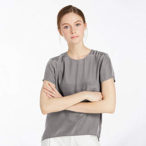 Lilysilk Silk Blouses For Women Short Sleeve 100 Pure Mulberry 22 Momme Ladies Silk Tops Button Slit Back Closure (Dark Grey, M/8-10) #TOP1