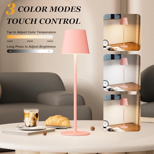 Image of Kakanuo Cordless Table Lamp Rechargeable Pink - KK 2 Pack 5000mAH Battery Operated Lamp for Counter, 3 Color Stepless Dimming Wireless Lamp for Dining Kitchen, Outdoor Patio, Touch Control