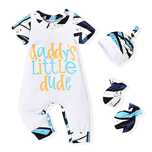 Image of HINTINA Newborn Baby Boy Romper Coming Home Outfits Letter Printed Jumpsuit Hat Glove Outfits