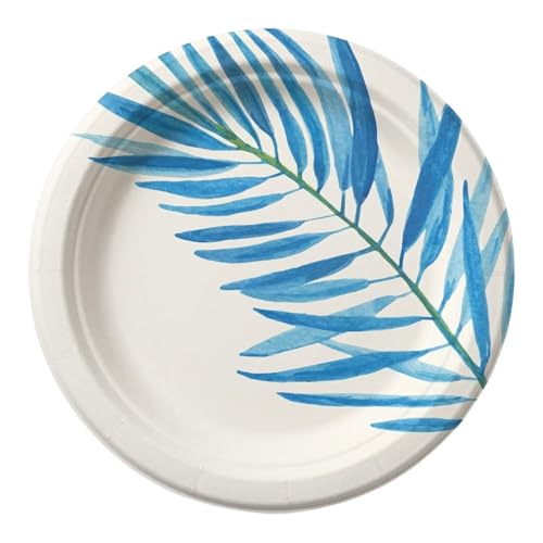 Image of Potluck Blue Leaf Disposable Paper Plates | Pack of 10 Plates | 9 Inch Food Safe, Sturdy, Leak Free Plates for Parties, Events, Birthdays, Festive Celebrations |Snacks & Meal Serving Pack