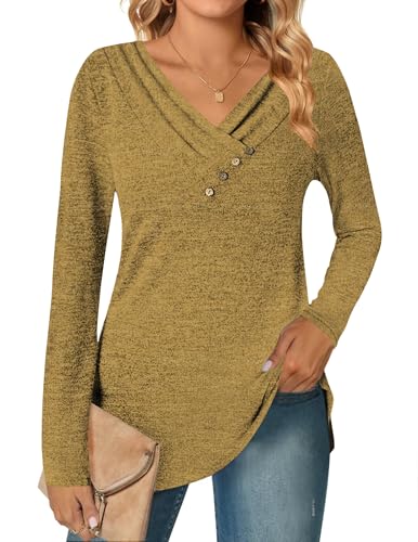 DUOEASE Camisetas de Manga Larga para Mujer Otoño Invierno Jersey Cuello en V Ligero Casual Blusas(Amarillo Mostaza,L)