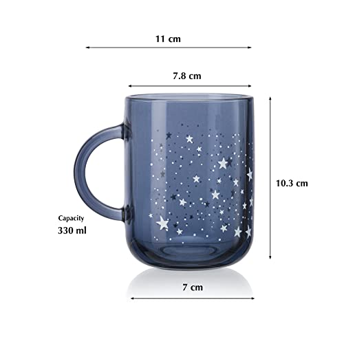 Image of Pasabahce Night Sky Mug from House of Pasabahce The Original Pasabahce from Turkey, Blue Printed Transparent Night Sky Mugs, 330 ml in Set of 4 Pcs, Perfect fit for Milk /Tea /Coffee.