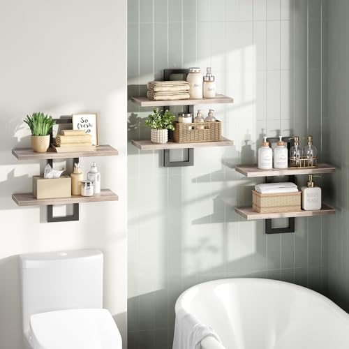 Image of HOOBRO Floating Shelves, 15 Inch Wall Shelf Set of 3, Wall Mounted Storage Shelves 2-Tier, Hanging Bathroom Shelves, for Living Room, Bedroom, Bathroom, Kitchen, Greige and Black BG32BJP301