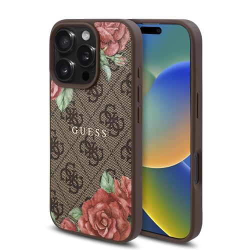 CG Mobile Guess HC Coque de téléphone conçue pour iPhone 16 Pro Max, Durable, résistante aux Chocs, Compatible avec Magsafe, étui PU 4G imprimé Fleurs Marron