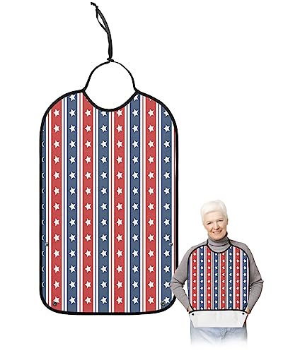4th of July Adult Bibs for Eating, Waterproof Bibs with Food Catcher & Adjustable Snap Closure, Red Blue Striped Star Independence Day Washable Clothing Protectors Adult Bibs for Elderly Women/Men