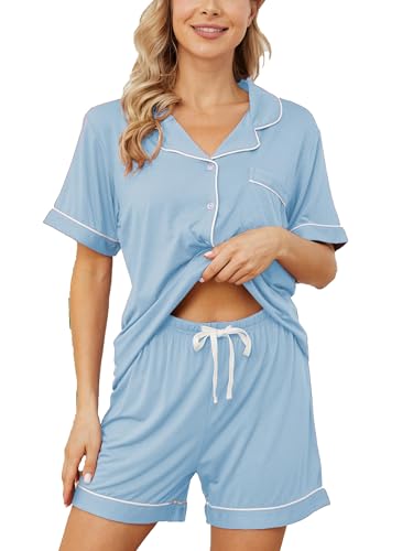 Image of Womens Pajama Sets Short Sleeve Sleepwear Soft Button Down Nightwear Lounge Pj Set XS-XXL