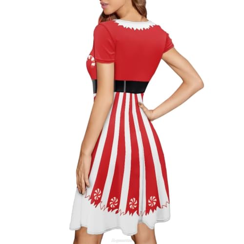 Image of POLERO Women Puffy Swing Elegant Party Midi Dresses Short Sleeve Round Neck A-Line Dress