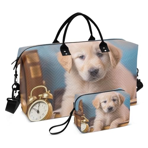Large Travel Duffel Bag, Puppy Books Clock Blue Sport Tote Gym Bag, Shoulder Weekender Overnight Bag for Women Men, Carry On Luggage with Toiletry Bag