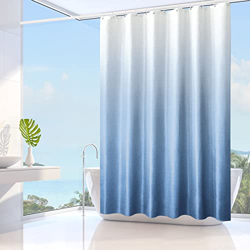 Gibelle Blue Shower Curtain For Bathroom, Waffle Weave Textured Ombre Fabric Shower Curtain Set With Hooks, Water Repellent, Machine Washable, 72 X 72 #TOP1