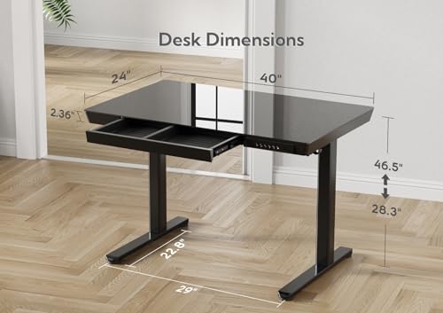 Image of Claiks Glass Standing Desk with Drawers & USB Ports 40x24 Inch, Black