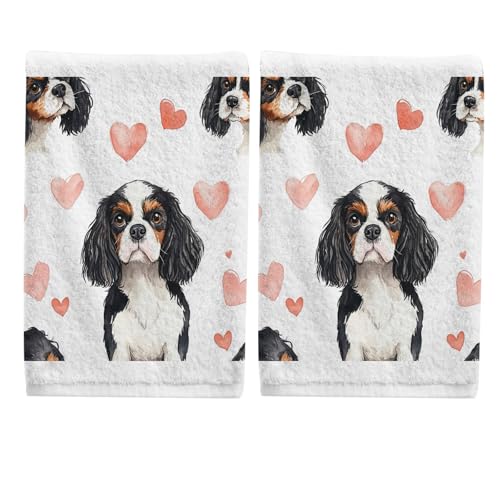 ALAZA Hand Towel Set of 2 100% Cotton Bath Towels Cavalier King Charles Dog Heart for Bathroom Housewarming Decor Gifts