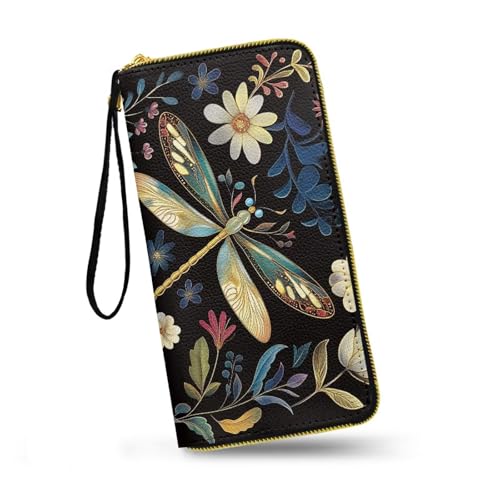 Dragonfly Flowers Leather Zip Around Wallet for Women Wristlet Clutch, Retro Dragonflies Floral Long Billfold Wallets for Credit Card, Cash, Coin, Bill