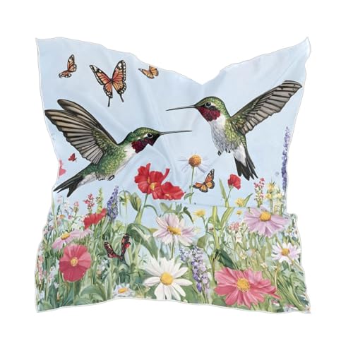 Hummingbirds Silk Like Head Scarf for Women,Soft Fashion Neck Scarf Square Satin Head Scarf 23.6 Inches