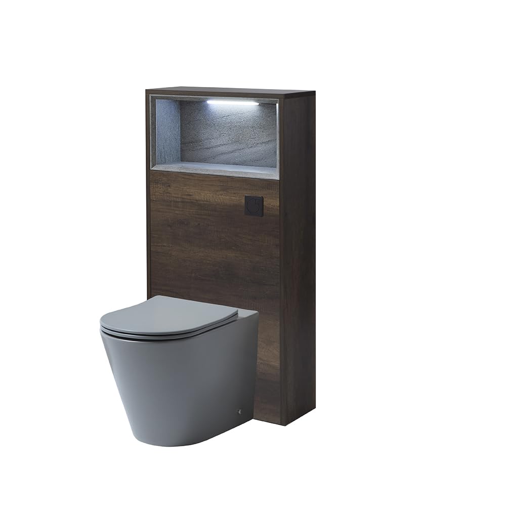 Milano Dark Oak Unit / Black Flush 600Mm Dark Oak Wc Unit Led Lit Shelf Pebble Toilet