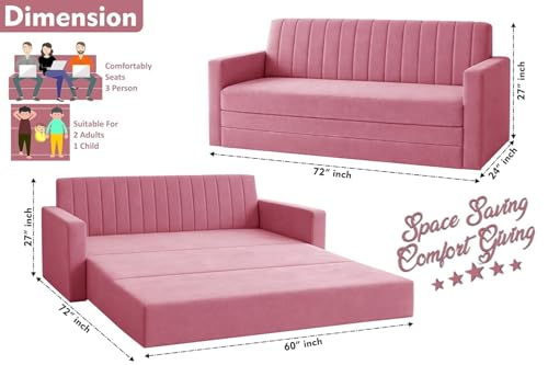 Image of Rosebell Foldable Sofa-Cums-Bed | Three-in-One Convertible Couch with Armrest | Modern Fabric Sofa for Living Room, Bedroom & Office-Rose Pink-Color