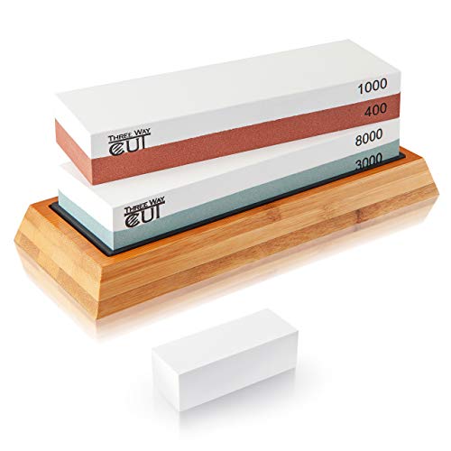 Knife Sharpening Stone Set Whetstone Kit 4 Grit 400/1000 3000/8000 Sharpening and Honing Waterstone Best Wet Stone Sharpener for Chefs Kitchen Knives Anti-slip Bamboo Base and Flattening Stone