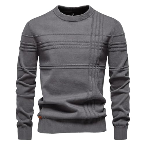 Men's Cotton Crewneck Pullover Sweater Winter Jumper Striped Knitted Long Sleeve Classic Fit Soft Touch Casual Top