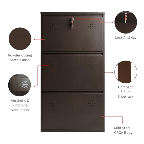 Image of 3 Door Wall Mounted Metal Shoe Rack Cabinet with Lock | Space Saving Shoe Storage Cabinet | Dustproof & Ventilated Shoe Organizer for Home, Entryway, Bedroom & Balcony | Brown | 39 x 21 x 6 Inch